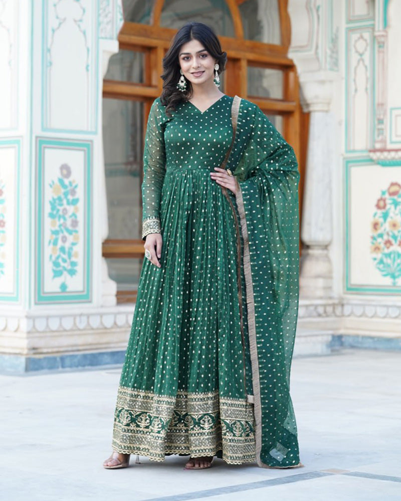 Green Color Organza Nylon Gown With Dupatta
