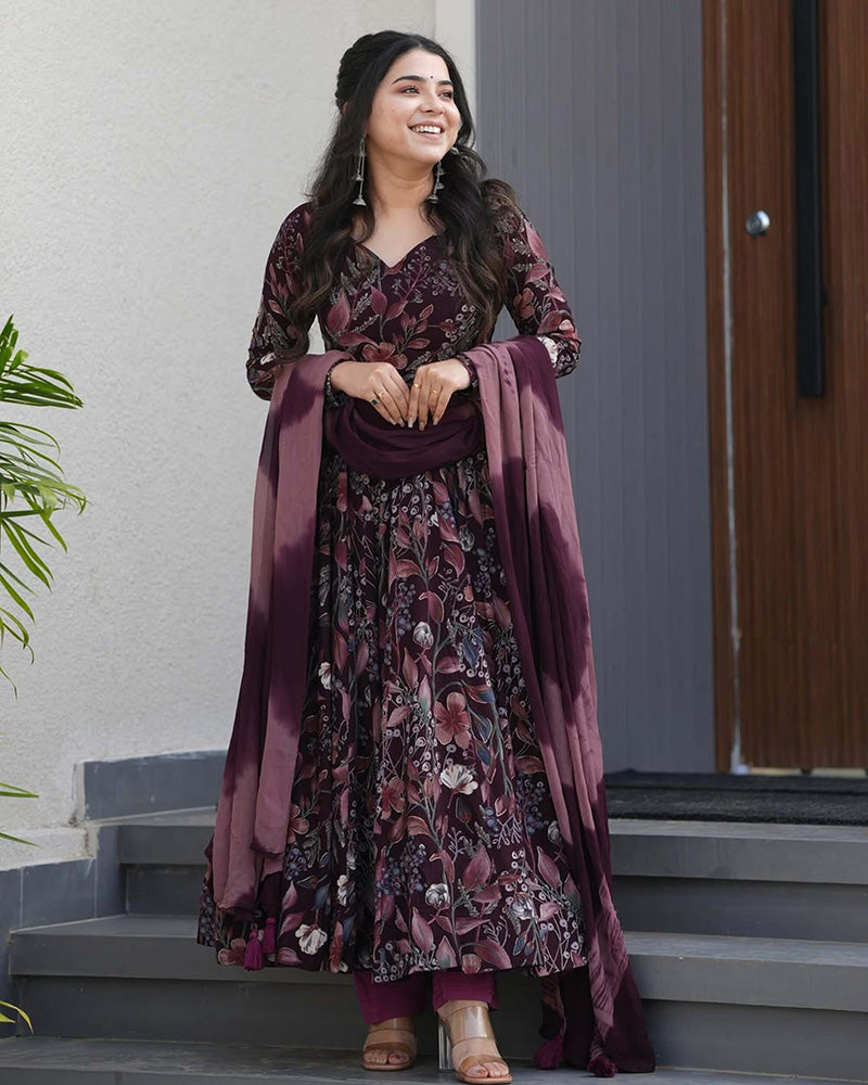 Wine Color Rayon Floral Print Three Piece Anarkali Suit
