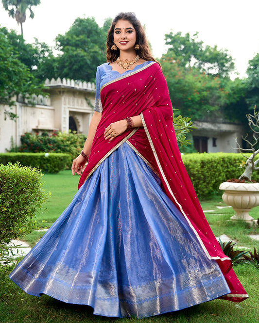 Blue Color Kanchipuram Designer Half Saree