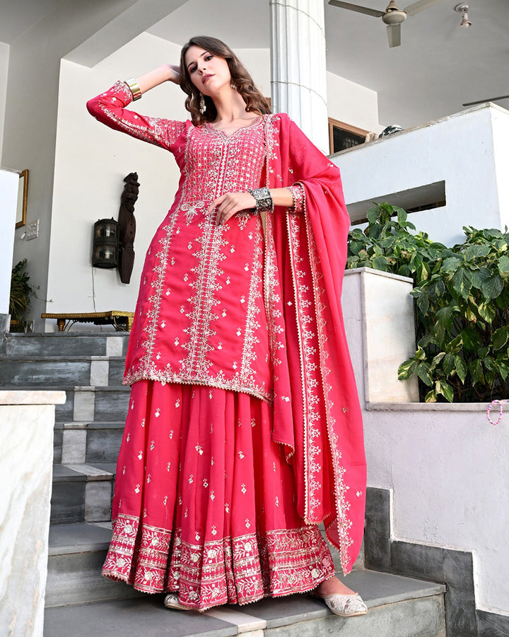Rani Pink Color Faux Georgette Embroidered Sharara Suit