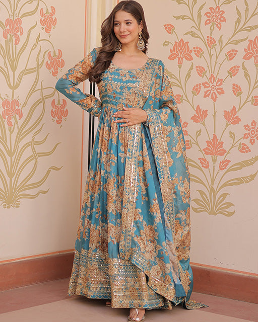 Sky Blue Color Russian Silk Embroidered Gown