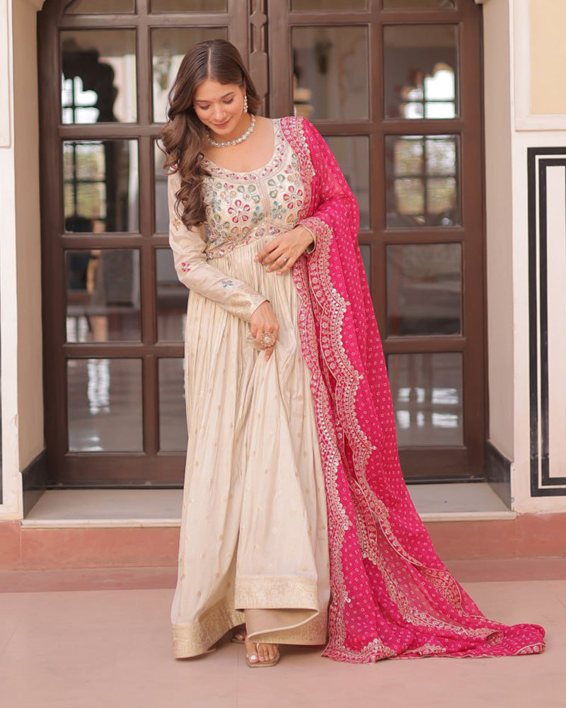 Off-White Color Jacquard Gown With Pink Dupatta