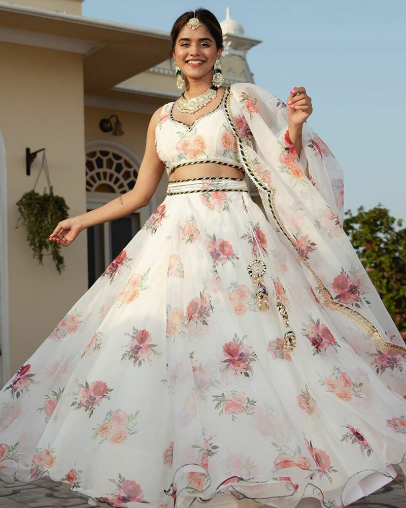 White Color Floral Print Soft Organza Lehenga Choli