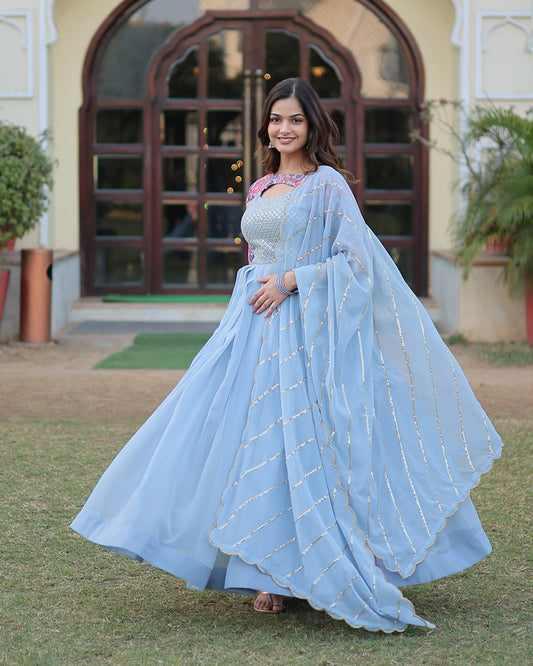 Sky Blue Color With Fancy Neck Faux Georgette Designer Anarkali Suit