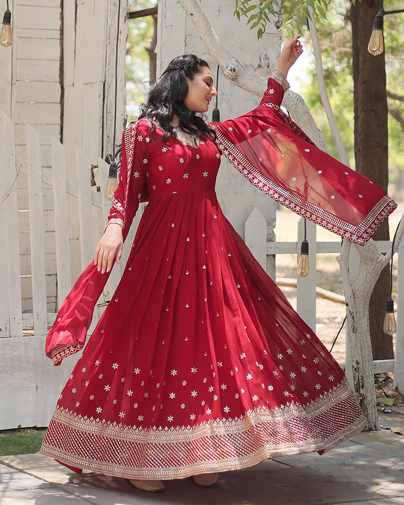 Designer Maroon Color Faux Blooming Embroidered Gown