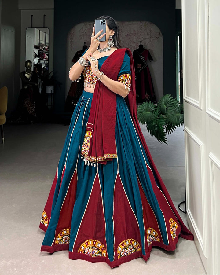 Teal green Color Pure Cotton Navratri Lehenga Choli