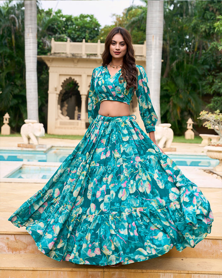 Teal green Color Georgette Printed Crop Top Lehenga Choli