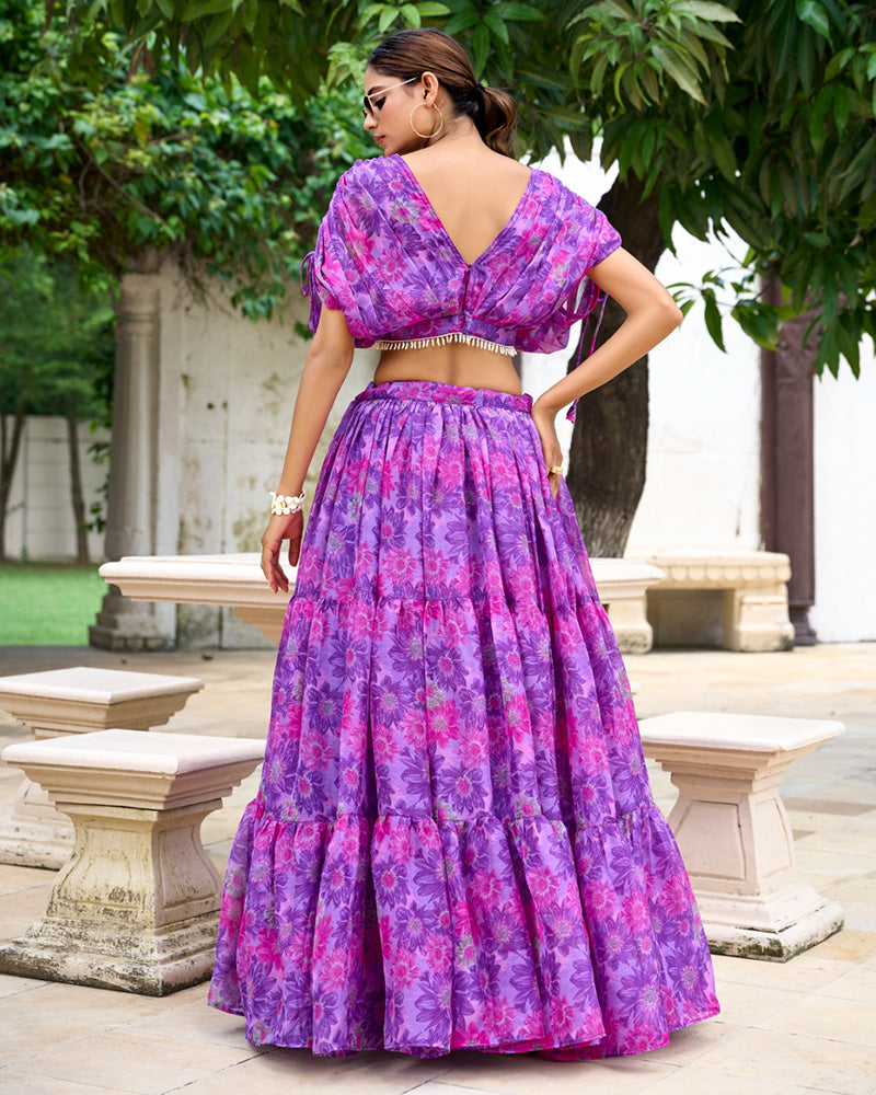 Purple Color Chiffon Printed Crop Top Lehenga Choli