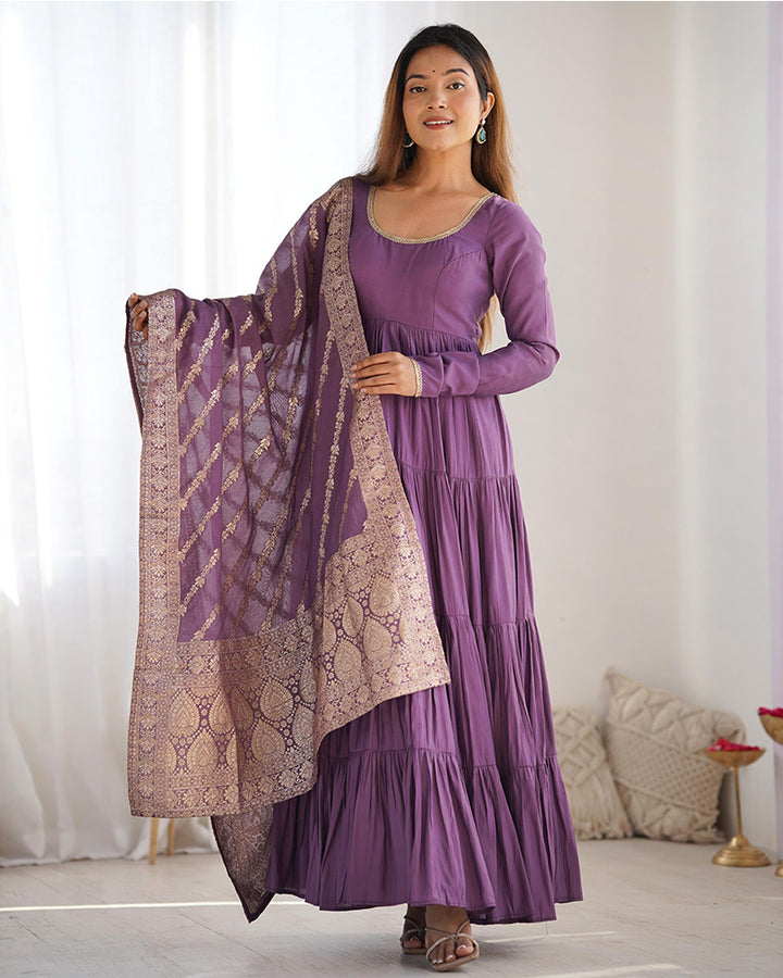 Dusty Purple Color Pure Roman Silk Ruffle Style Anarkali Suit