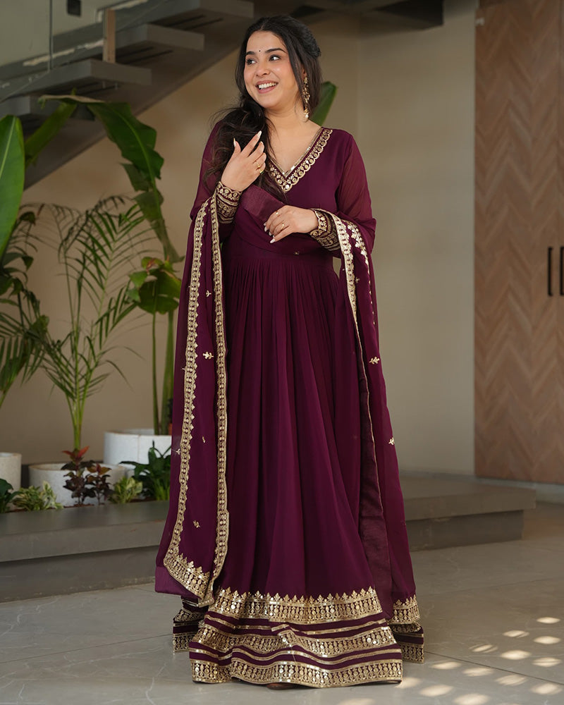 Wine Color Faux Blooming Embroidered Gown With Dupatta