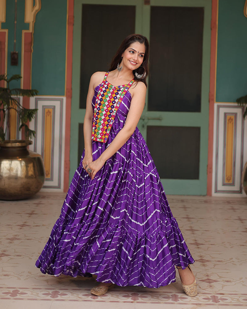 Purple Color Chinon Laheriya Print Navratri Gown