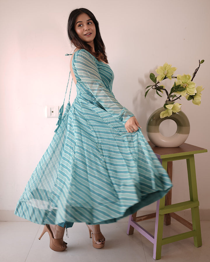 Firozi Color Laheriya Print Tabby Organza Anarkali Suit
