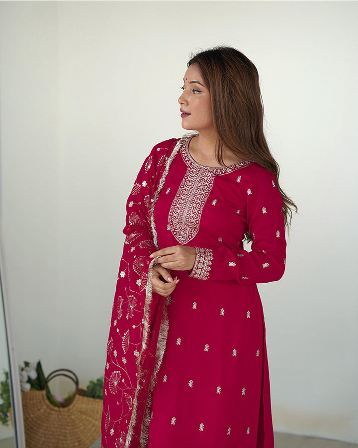 Rani Pink Color Rangoli Silk Three Piece Kurti Suit