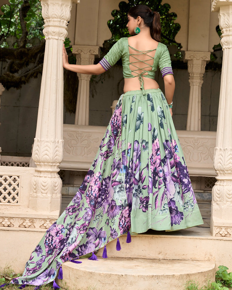 Pista Color Tussar Silk Floral Printed Lehenga Choli