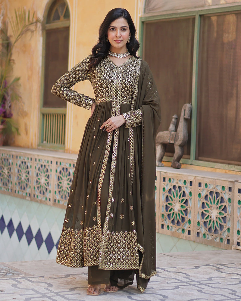 Designer Mehndi Color Three Piece Sharara Suit