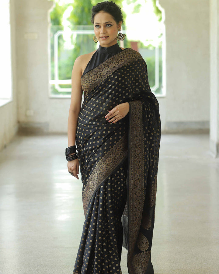 Black Color Banarasi Jacquard Soft Silk Saree