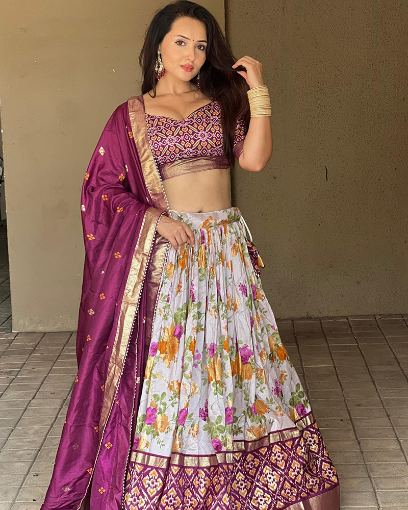 Wine Color Tussar Silk Floral And Patola Printed Navratri Lehenga Choli