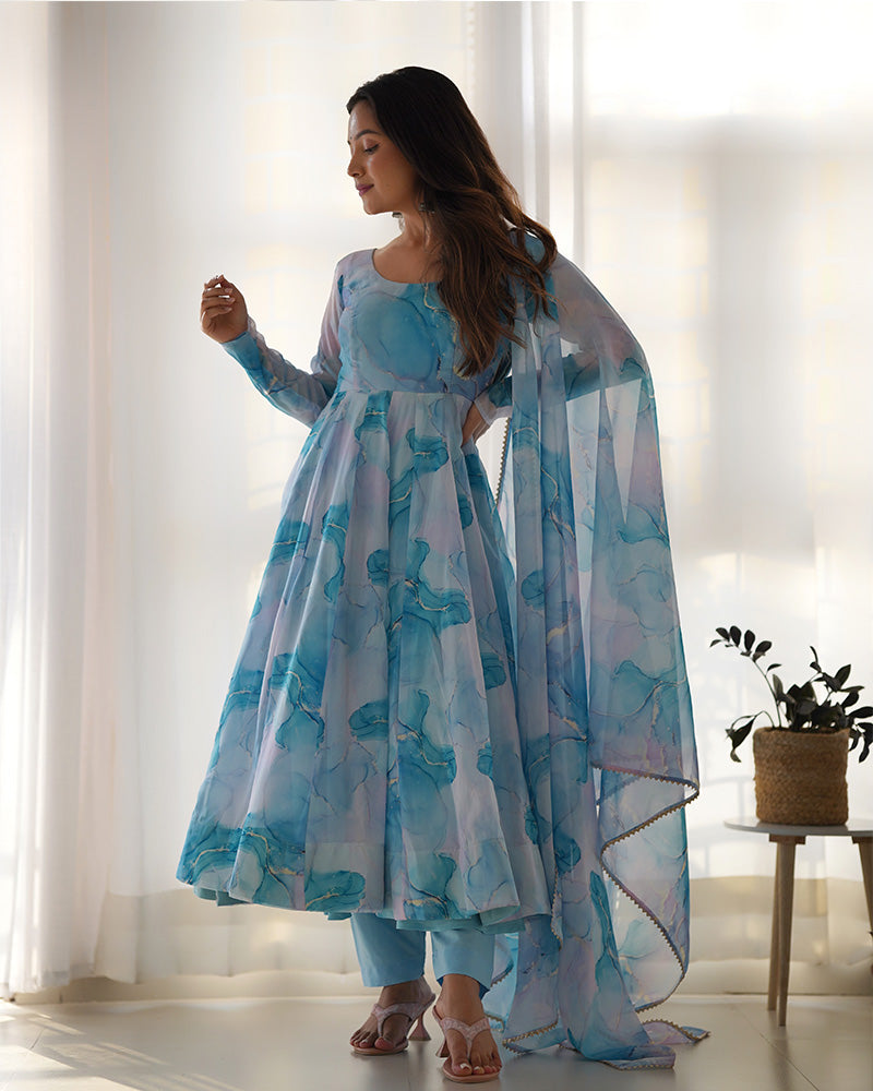 Sky Blue Color Pure Soft Organza Three Piece Anarkali Suit