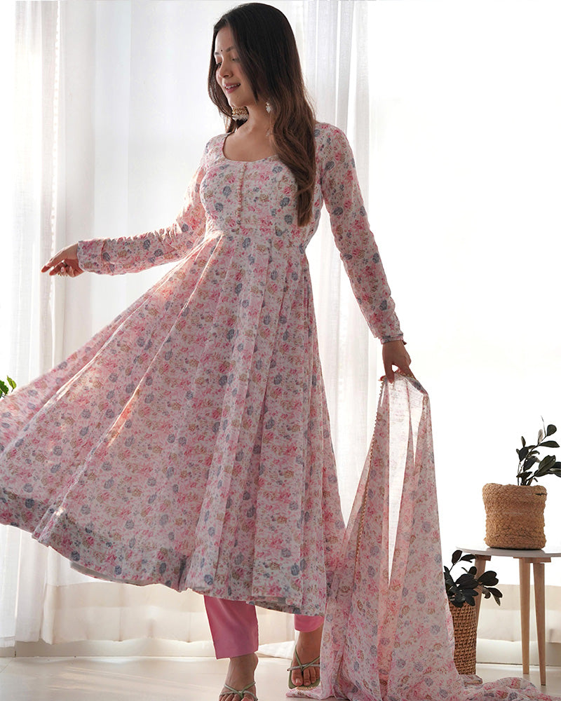 Baby Pink Color Heavy Chiffon Floral Print With Full Flair Three Piece Anarkali Suit