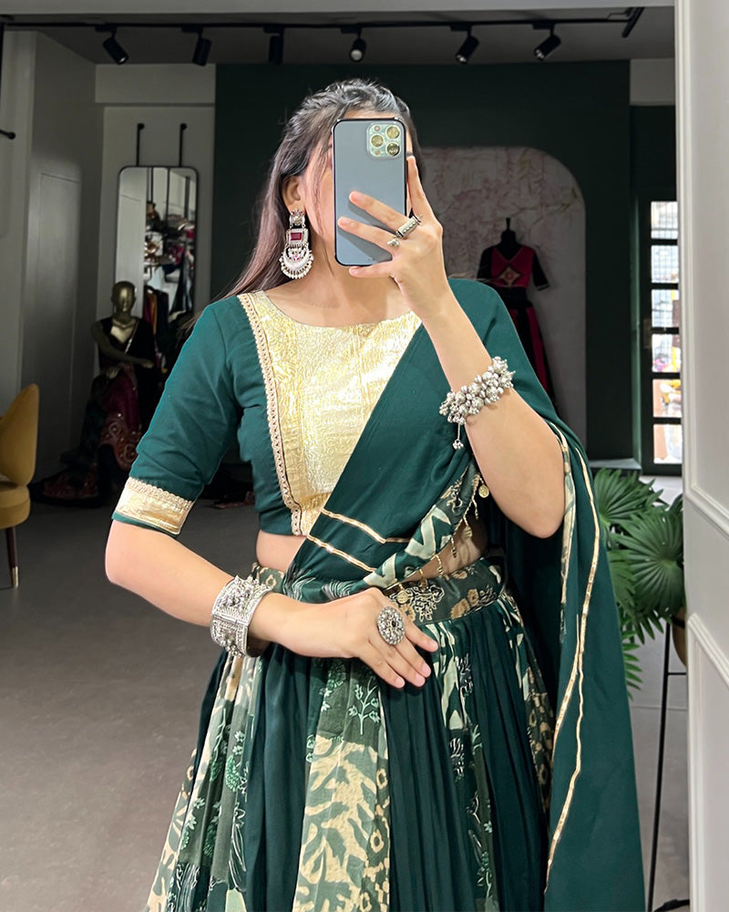 Green Color Rayon And Tussar Silk Navratri Lehenga Choli