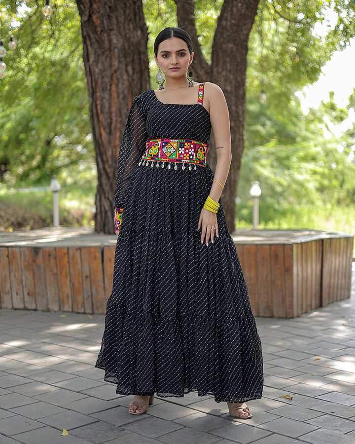 Black Color Georgette Laheriya Print Navratri Gown