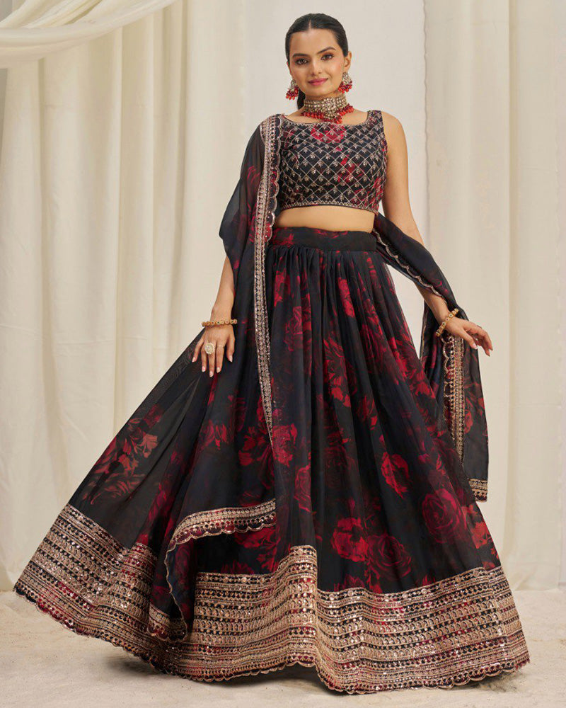 Black And Red Color Floral Print Soft Organza Lehenga Choli