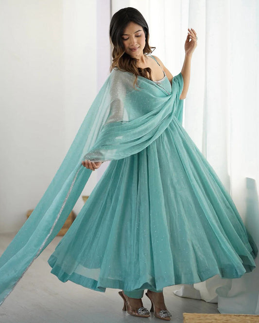 Sky Blue Color Crunchy Silk Three Piece Anarkali Suit
