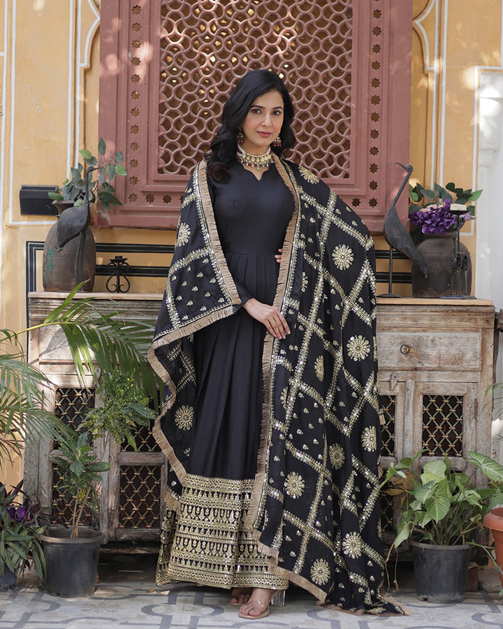 Black Color Star Georgette Sequence Embroidered Gown