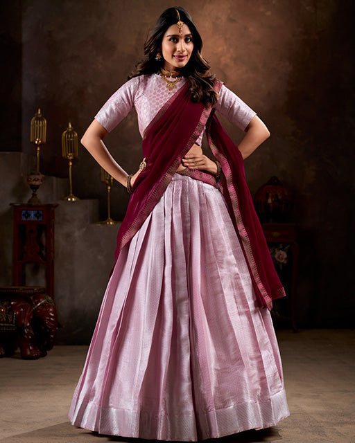 Light Pink Color Jacquard Silk Half Saree