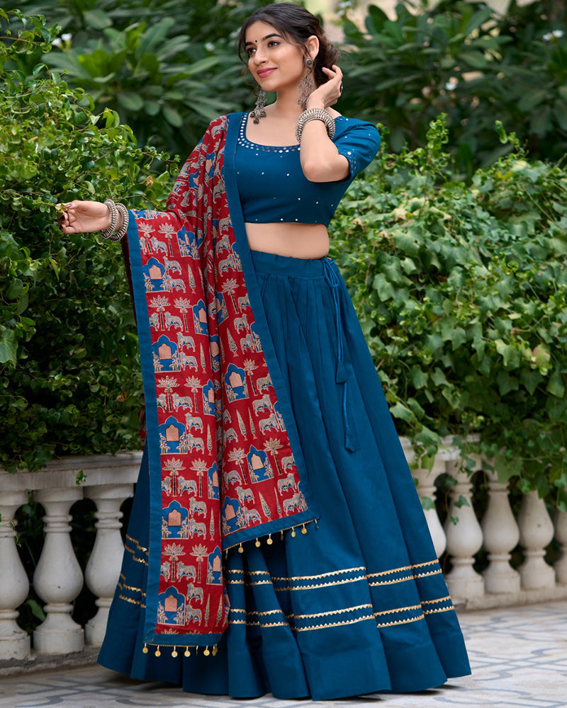 Firozi Color Cotton Plain Navratri Lehenga Choli