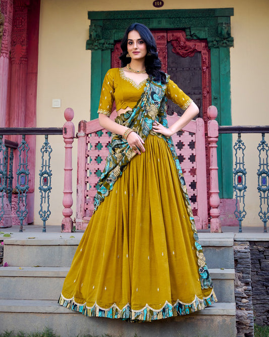 Mustard Color Vichitra Silk Embroidered Half Saree