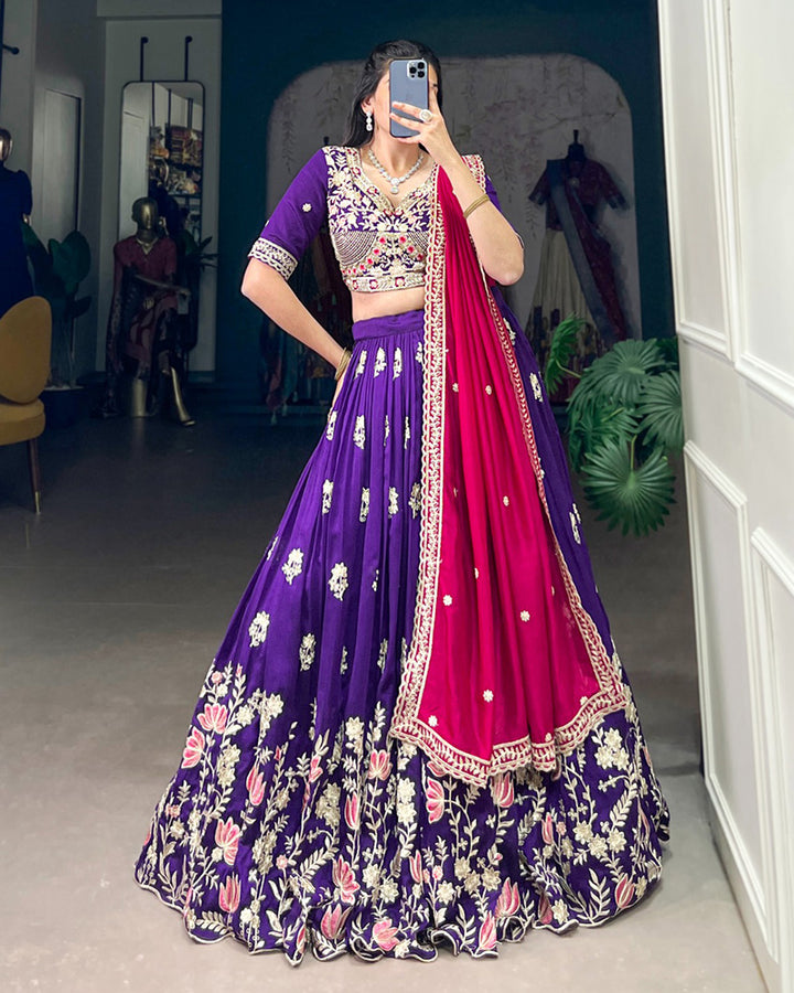 Purple Color Vichitra Silk Thread Embroidered Lehenga Choli