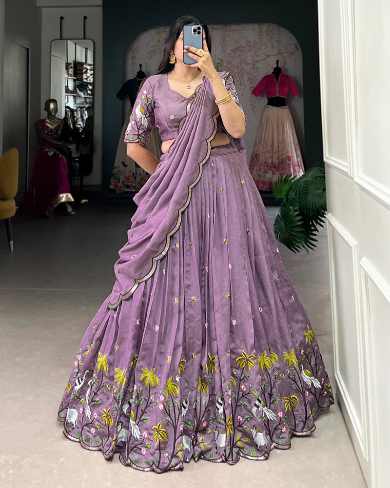 Lavender Color Vichitra Silk Thread Embroidered Lehenga Choli