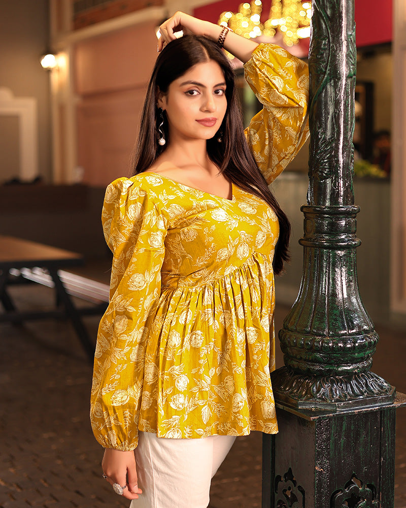 Yellow Color Pure Cotton Floral Printed Tunic