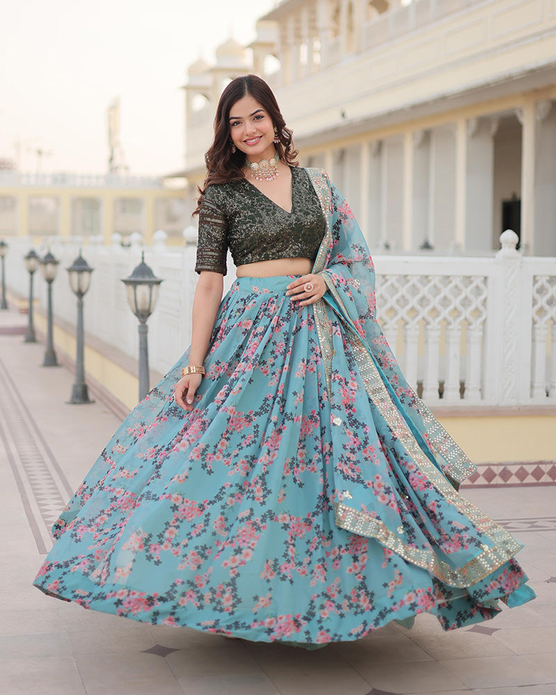 Sky Blue Color Russian Silk Embroiderde Lehenga Choli