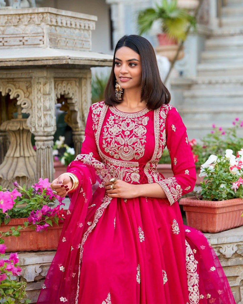 Pink Color Vichitra Silk Embroidered Gown