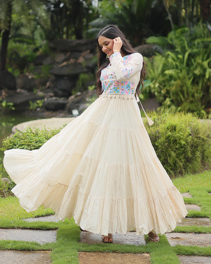 Off-White Color Kora Cotton Navratri Gown