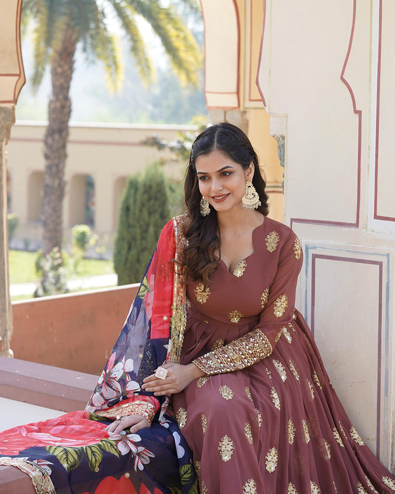 Faux Georgette Chocolate Color Anarkali Gown With Tebby Silk Dupatta