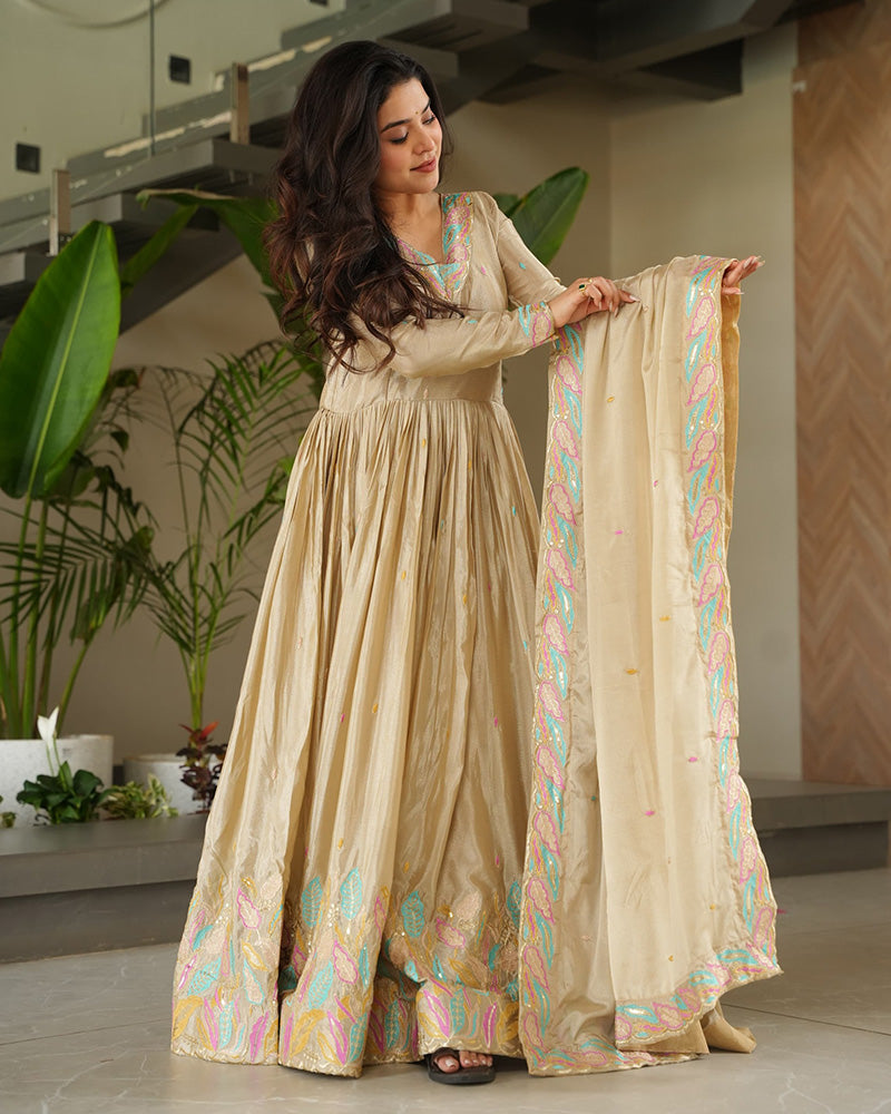 Cream Color Chinnon Sequence Embroidered Gown