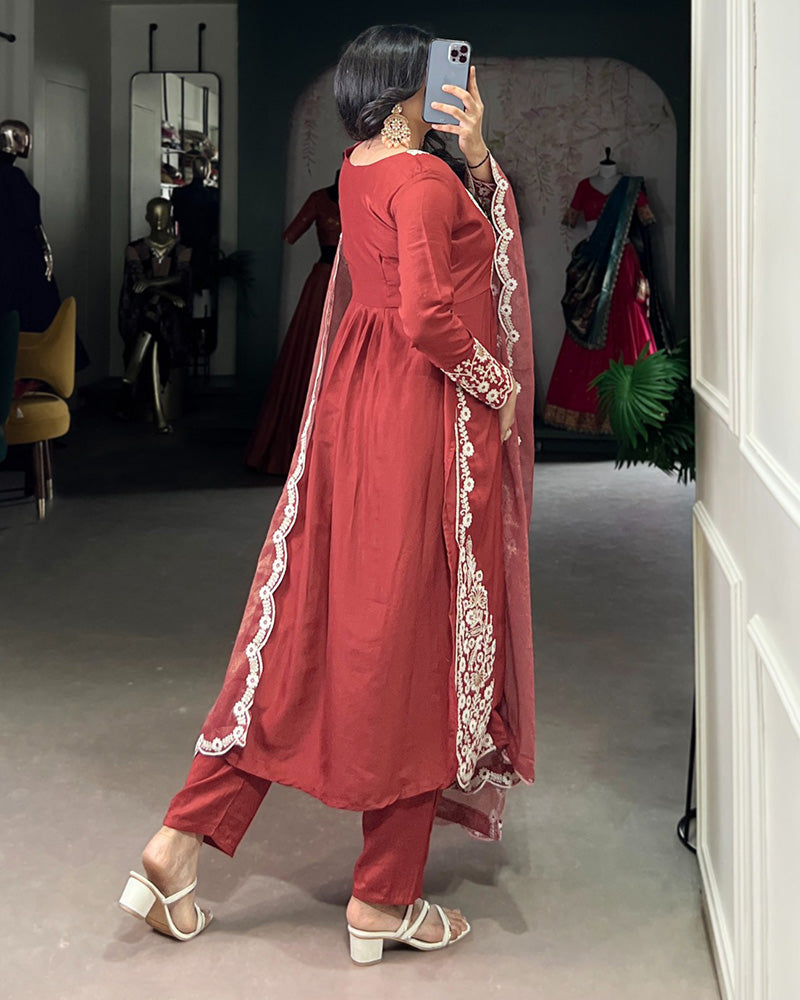 Rust Orange Color Maska Cotton Three Piece Kurti Suit