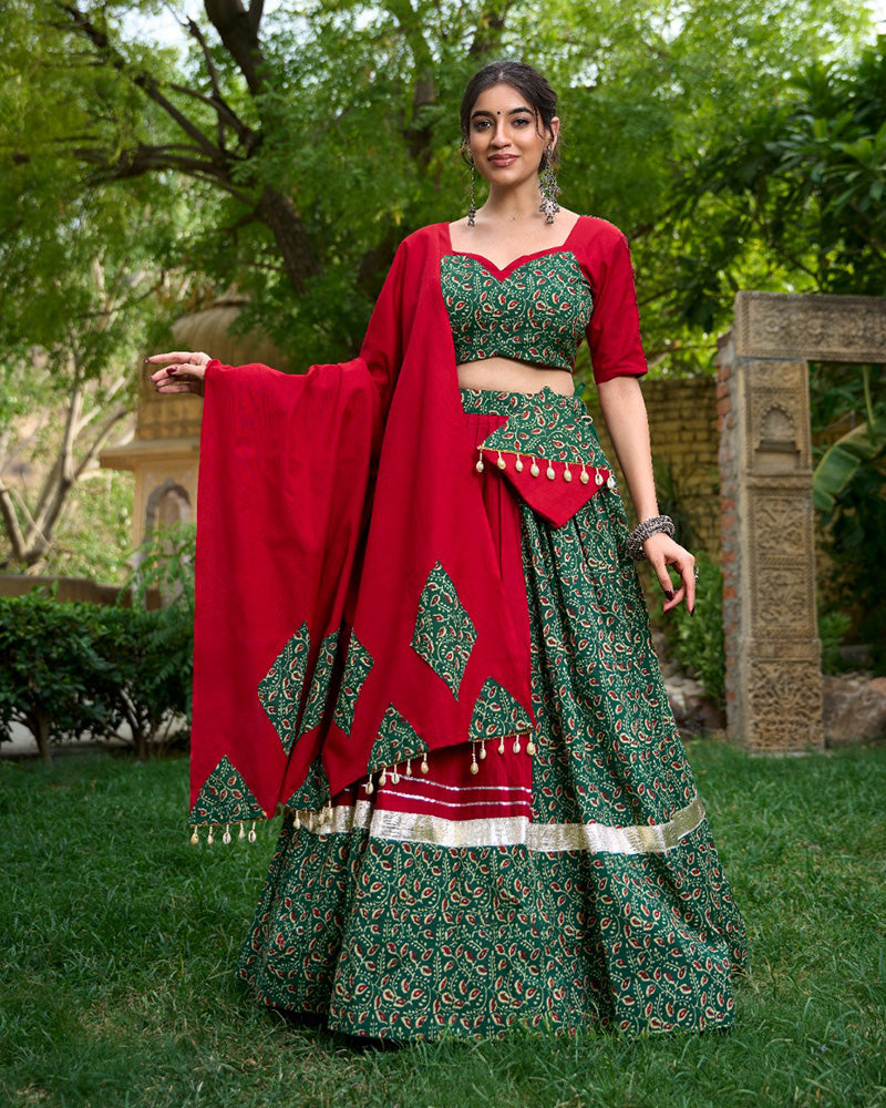 Red And Green Color Cotton Printed Navratri Lehenga Choli
