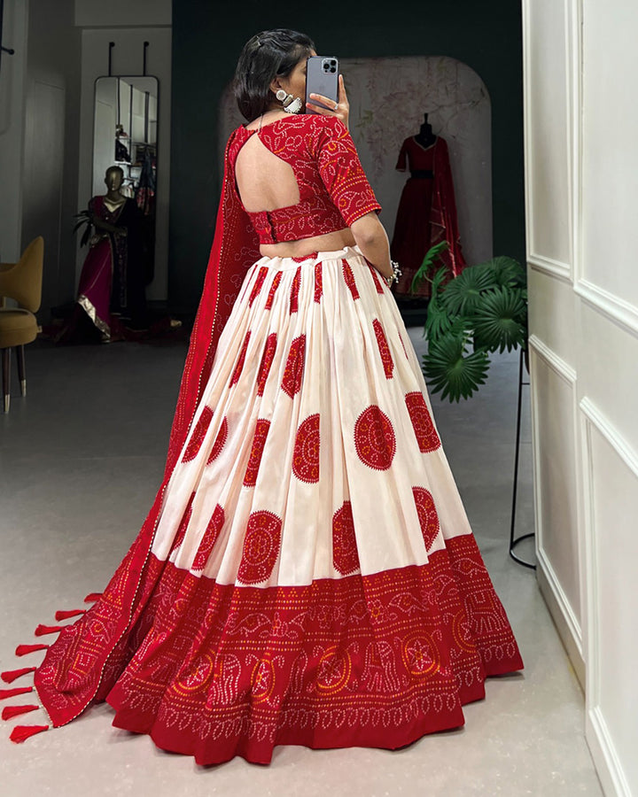 Red Color Tussar Silk Bandhej Printed Lehenga Choli