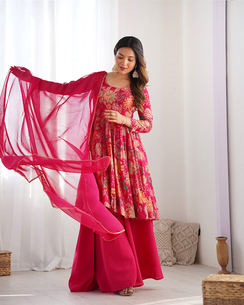 Rani Pink Color Roman Silk Discharge Printed Plazzo Suit