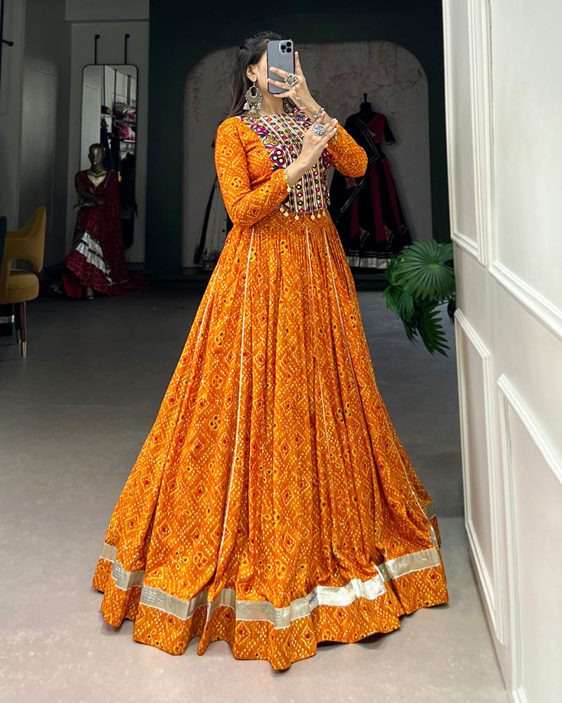 Mustard Color Rayon Bandhej Print Navratri Lehenga Choli