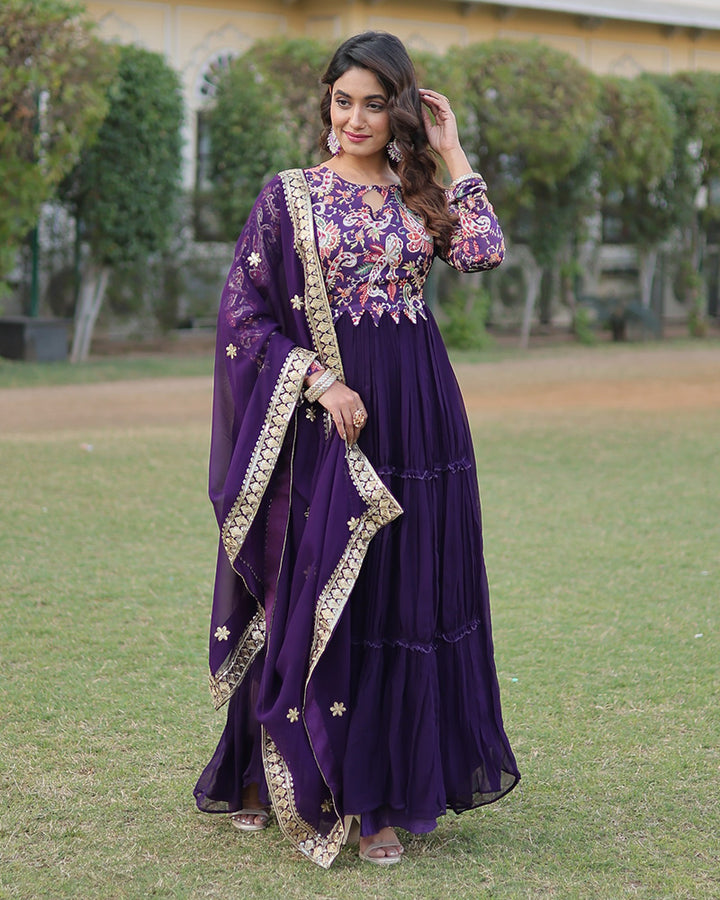 Purple Color Frill Georgette Gown With Dupatta
