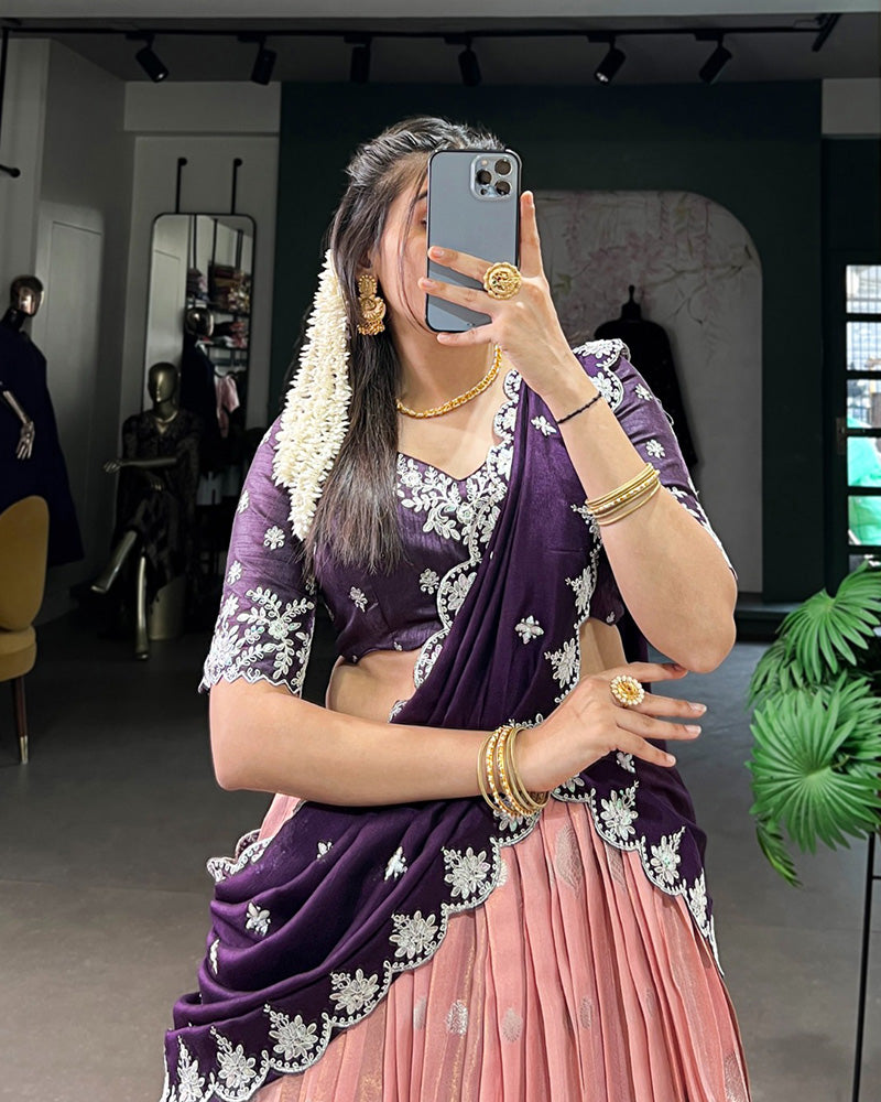 Peach Color Zari Kota Embroidered Half Saree