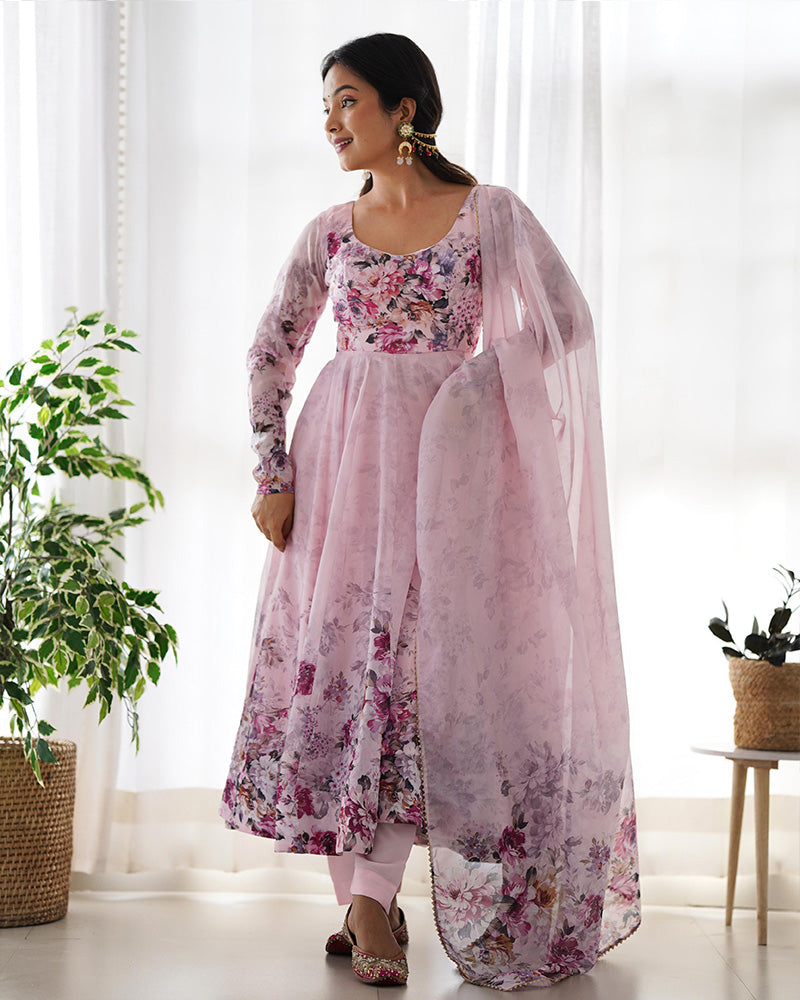 Baby Pink Color Floral Print Organza Three Piece Anarkali Suit