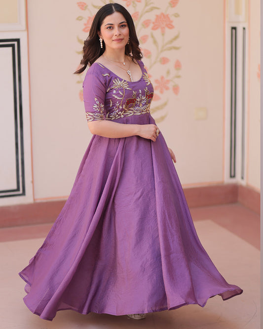 Lavender Color Gold Crush Embroidered Work Gown