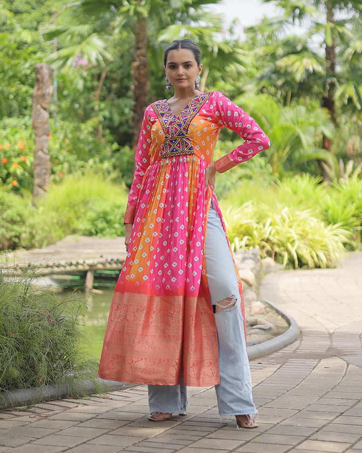 Yellow Pink Color Cotton Printed Navratri Kurti