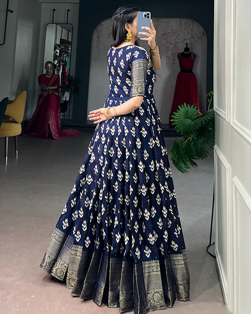 Navy Blue Color Kota  Chex Zari Weaving Work Gown